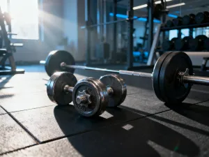 Mata do jogi, hantle i taśma oporowa w nowoczesnym studiu fitness, zachęcające do rozpoczęcia treningu brzucha.