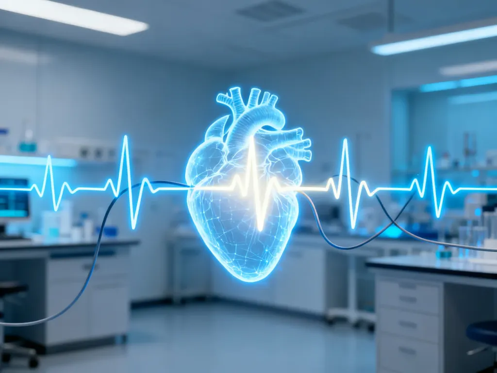 Stylizowana sylwetka ludzkiego serca z pulsującymi falami EKG, symbolizująca monitorowanie tętna w warunkach klinicznych.