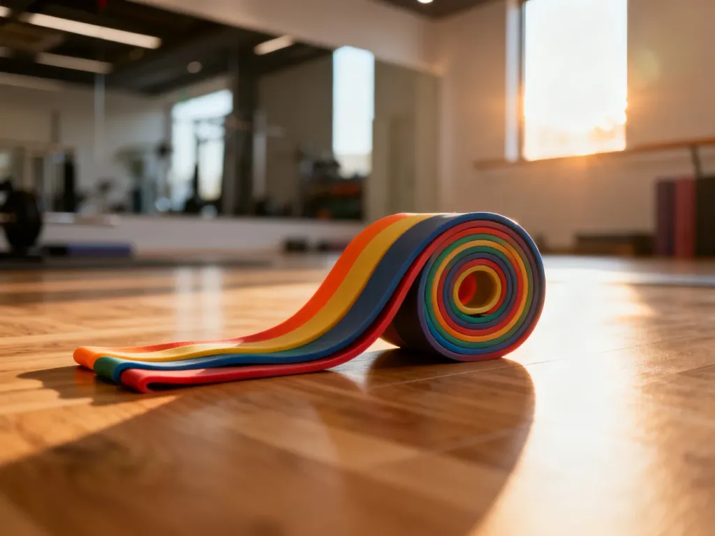Kolorowe gumy oporowe ułożone na drewnianej podłodze w nowoczesnym studio fitness.