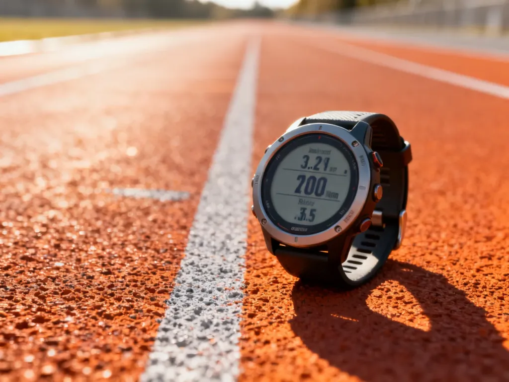Cyfrowy zegarek sportowy z wynikami tempa biegu spoczywający na bieżni lekkoatletycznej.