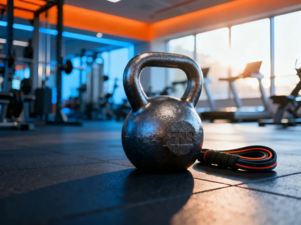 Kettlebell i gumy oporowe na podłodze siłowni, gotowe do efektywnego treningu pośladków.