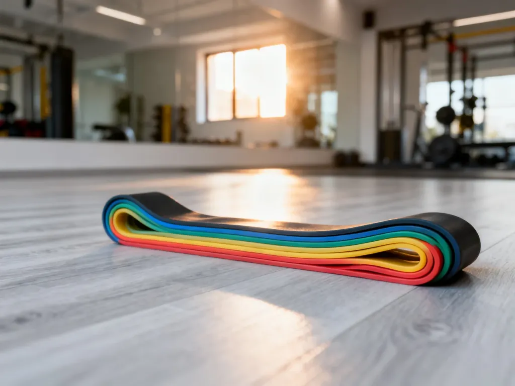 Kolorowe gumy oporowe ułożone na podłodze w nowoczesnej sali fitness, gotowe do treningu brzucha.