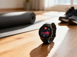 Cyfrowy dynamometr ręczny leżący na ławce treningowej, gotowy do pomiaru siły chwytu w profesjonalnym studio fitness.