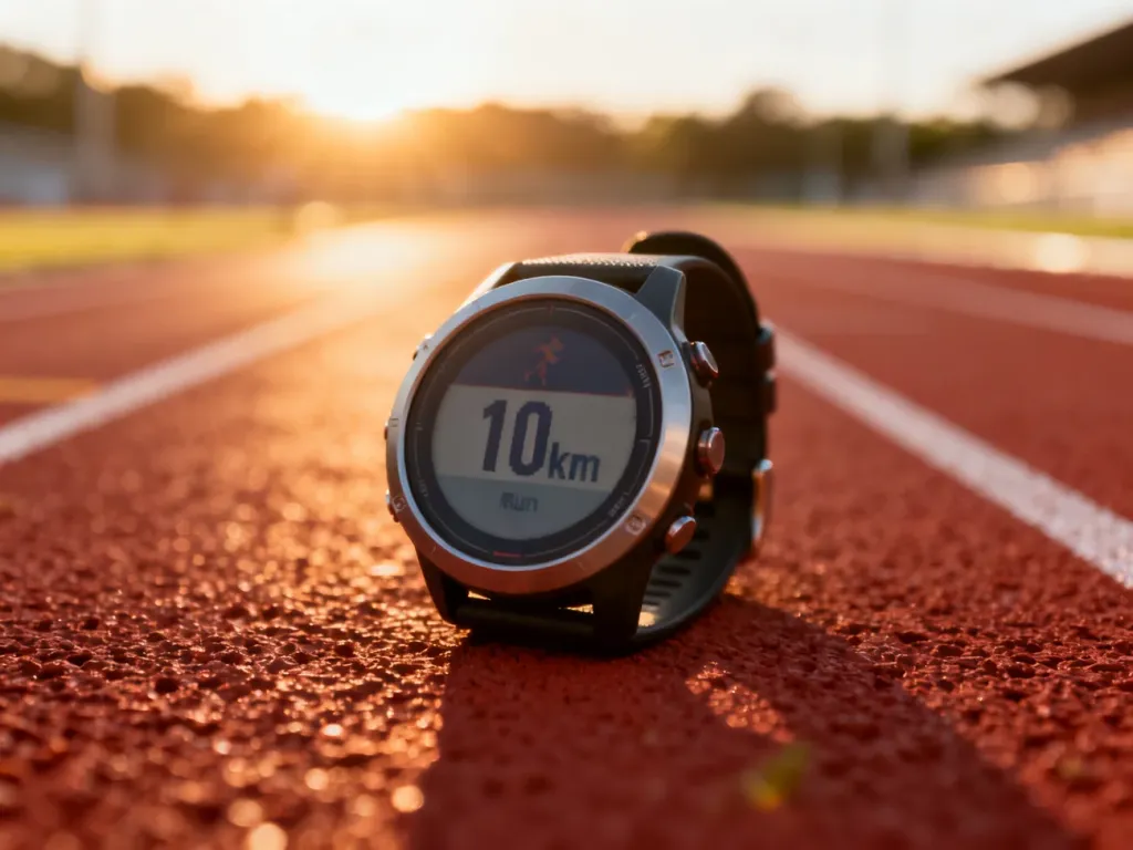 Profesjonalny stoper sportowy z wynikiem biegu na 10 km, spoczywający na bieżni lekkoatletycznej w świetle poranka.