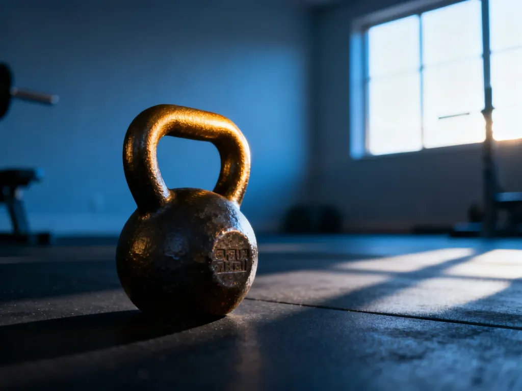 Żeliwny kettlebell na podłodze w siłowni oświetlony porannym światłem, gotowy do treningu.