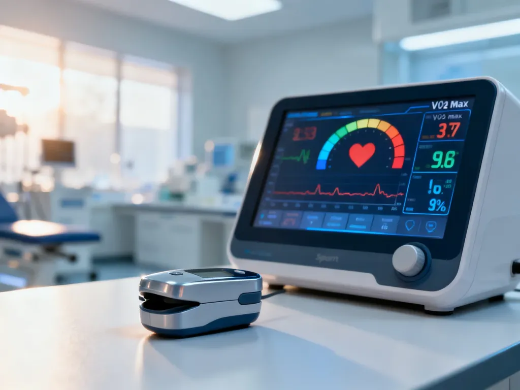 Monitor sportowy wyświetlający wykresy tętna i pułapu tlenowego obok pulsoksymetru w nowoczesnym laboratorium diagnostycznym.