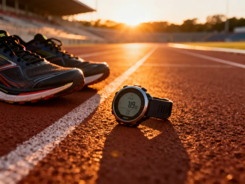 Profesjonalny zegarek sportowy i buty biegowe na bieżni o wschodzie słońca, symbolizujące trening poprawiający wydolność.
