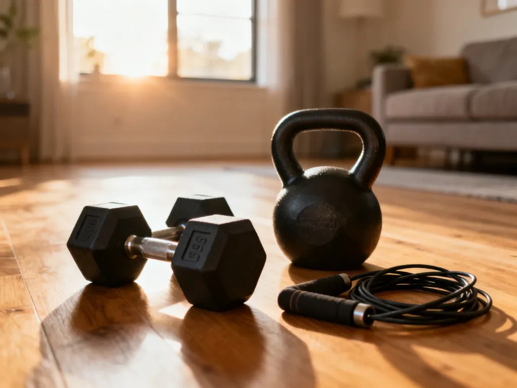 Zestaw hantli, kettlebell i skakanka przygotowane do treningu CrossFit w jasnym, domowym salonie.