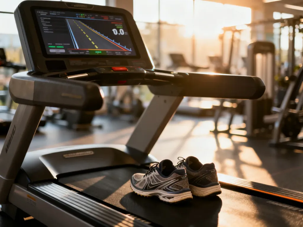 Wyświetlacz bieżni z ustawionym dużym nachyleniem oraz buty sportowe na pasie bieżnym w nowoczesnej siłowni.