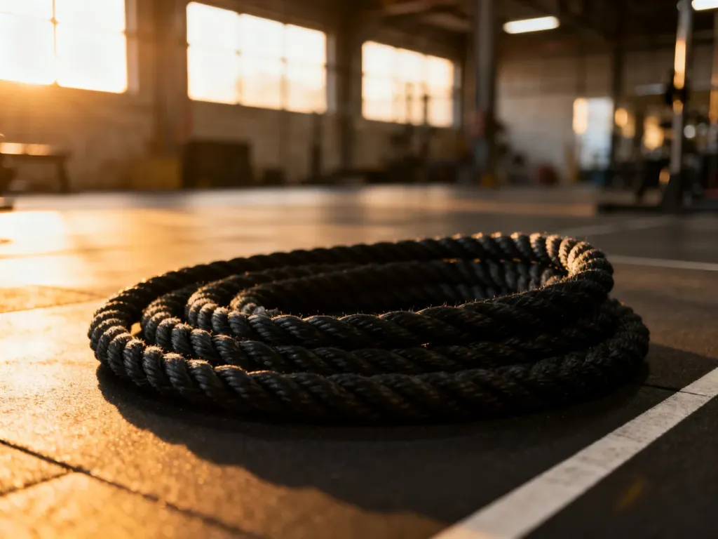 Czarne liny treningowe typu battle ropes ułożone na podłodze profesjonalnej siłowni w świetle poranka.