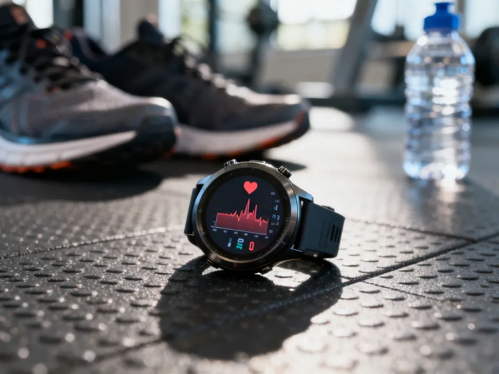Nowoczesny smartwatch sportowy z wykresem tętna na ekranie, leżący na podłodze siłowni w otoczeniu butów i bidonu.