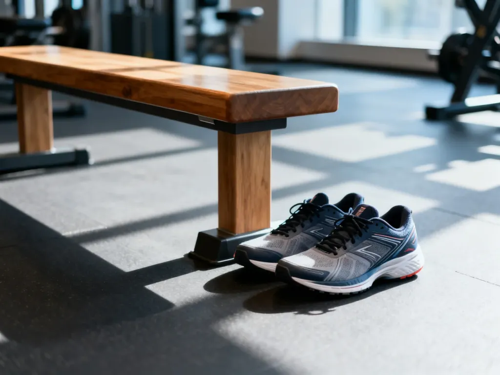 Profesjonalne buty sportowe obok ławki treningowej w nowoczesnej siłowni, gotowe do ćwiczeń.