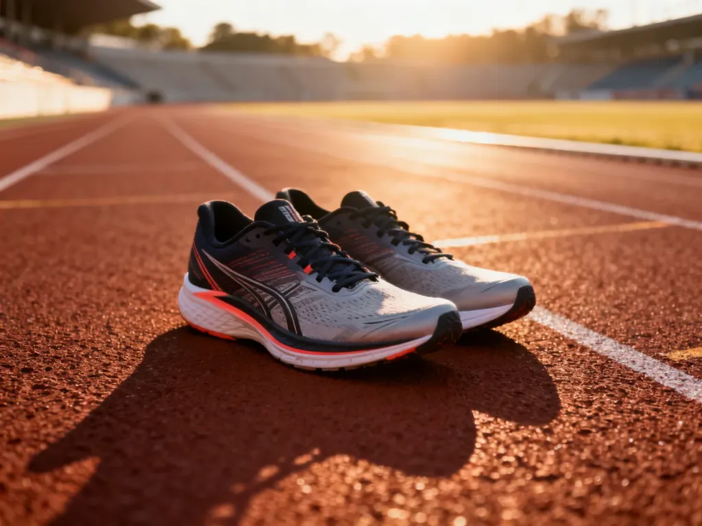 Profesjonalne buty do biegania na bieżni lekkoatletycznej w świetle poranka, gotowe do treningu tempowego.