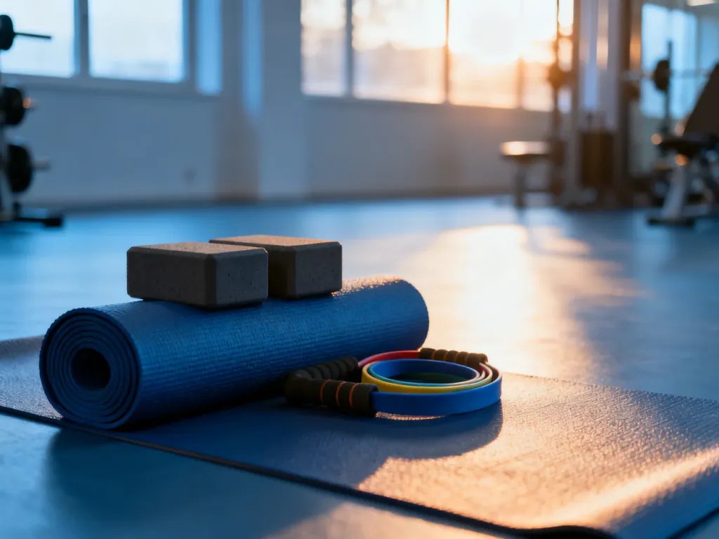 Mata do jogi, klocki i taśma oporowa w profesjonalnym studiu fitness, przygotowane do treningu stabilizacyjnego.