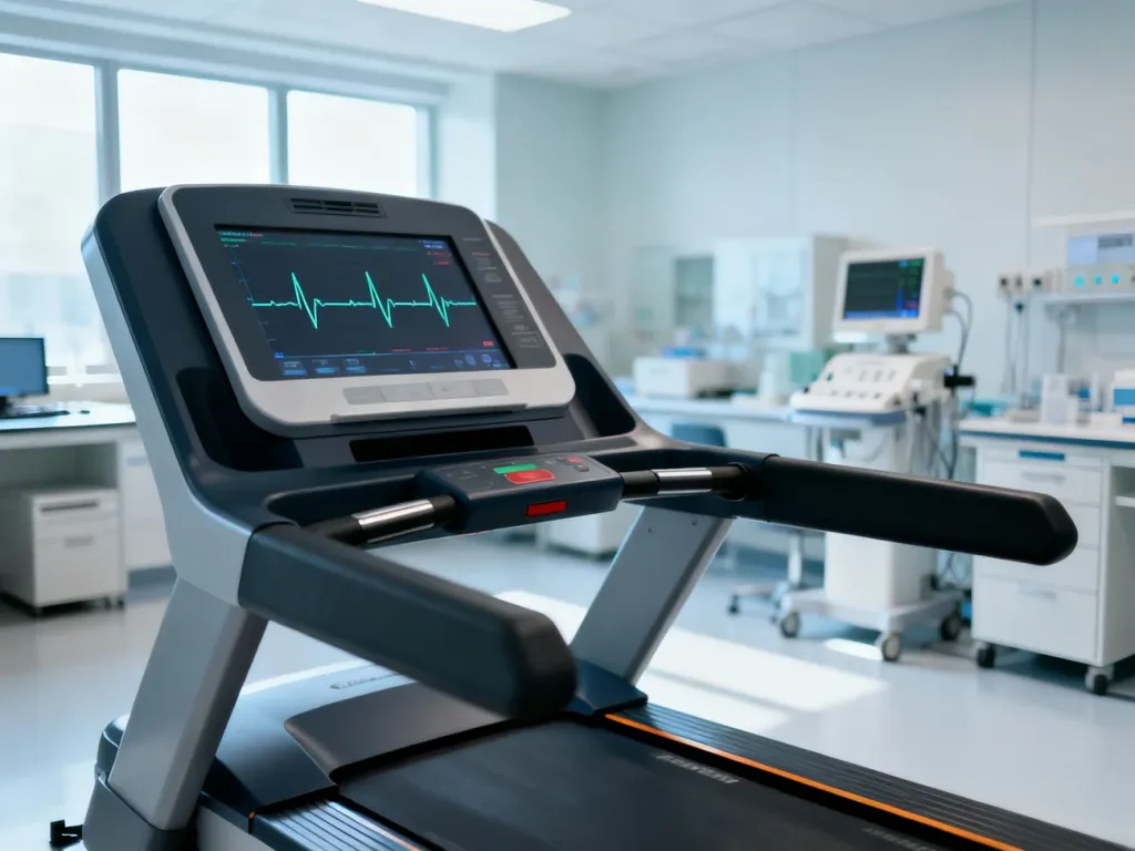 Nowoczesna bieżnia oraz monitor z wykresem EKG w gabinecie lekarskim, przygotowane do przeprowadzenia próby wysiłkowej.