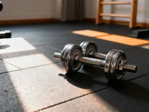 Profesjonalna sztanga z obciążeniem przygotowana do ćwiczenia hip thrust na gumowej macie w sali treningowej.