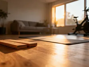 Własnoręcznie wykonany kettlebell z plastikowego baniaka wypełnionego betonem, stojący na drewnianym stole warsztatowym.