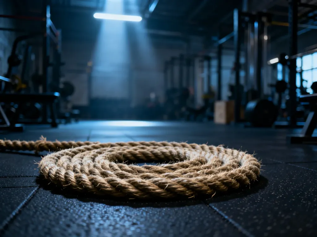 Gruba lina treningowa zwinięta na gumowej podłodze w profesjonalnej sali fitness.