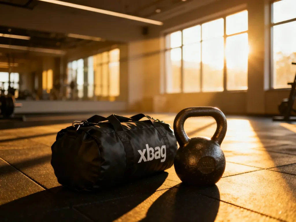 Czarny worek treningowy typu xbag oraz żeliwny kettlebell ustawione obok siebie na podłodze profesjonalnej siłowni.