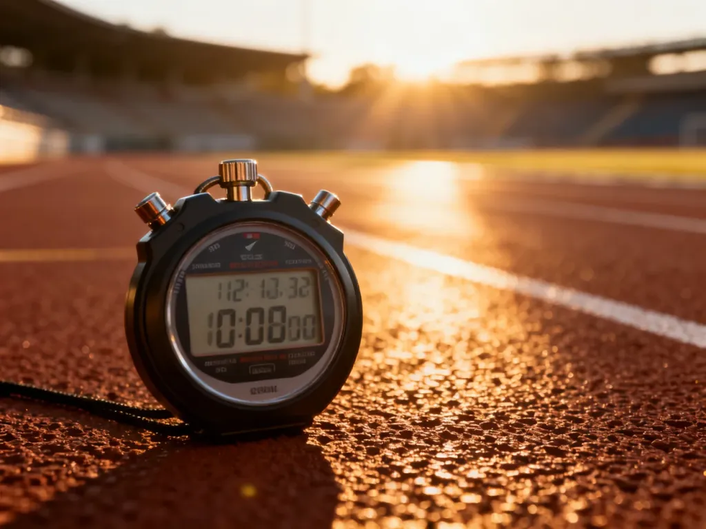 Profesjonalny stoper z rekordowym czasem na bieżni lekkoatletycznej w blasku porannego słońca.