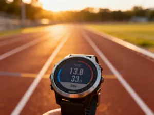 Profesjonalny but biegowy na bieżni lekkoatletycznej w porannym słońcu, symbolizujący przygotowanie do treningu wytrzymałościowego.