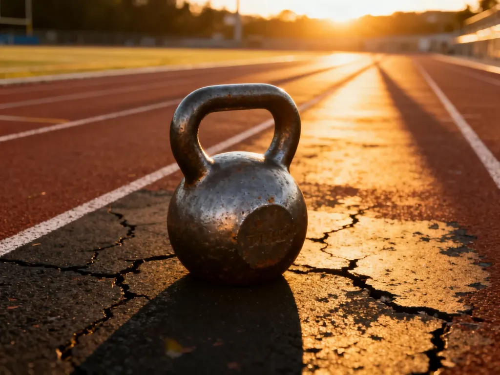Żeliwny odważnik kettlebell na bieżni lekkoatletycznej o zachodzie słońca, symbolizujący wybór między siłą a bieganiem.