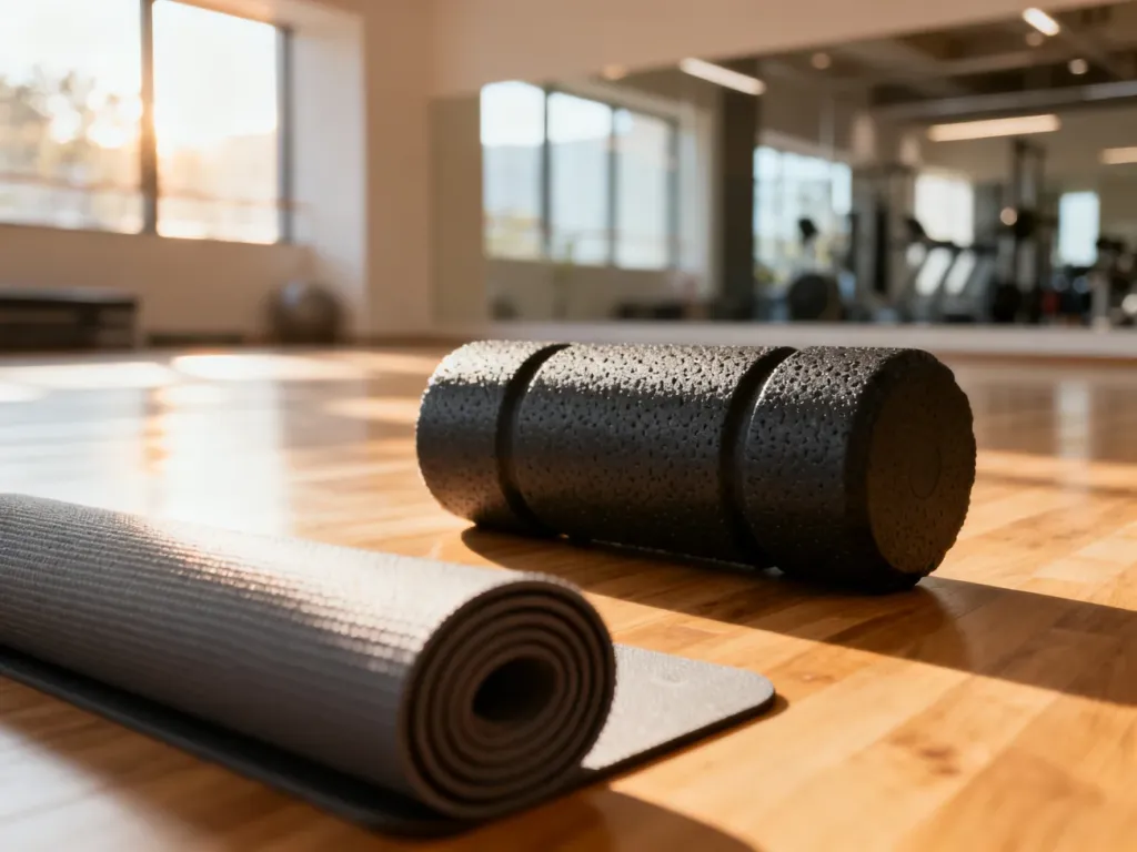 Wałek do masażu (roller) na macie do ćwiczeń w słonecznym studiu fitness, gotowy do rozciągania pasma biodrowo-piszczelowego.