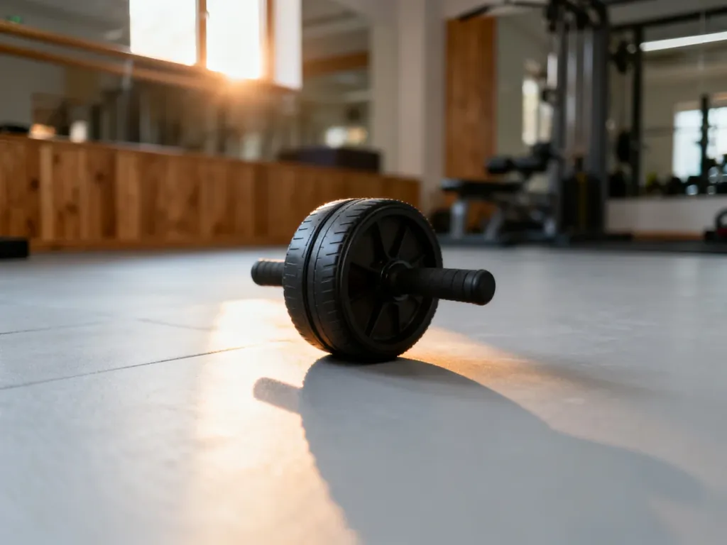 Kółko do ćwiczeń mięśni brzucha spoczywające na podłodze w jasnej sali fitness.