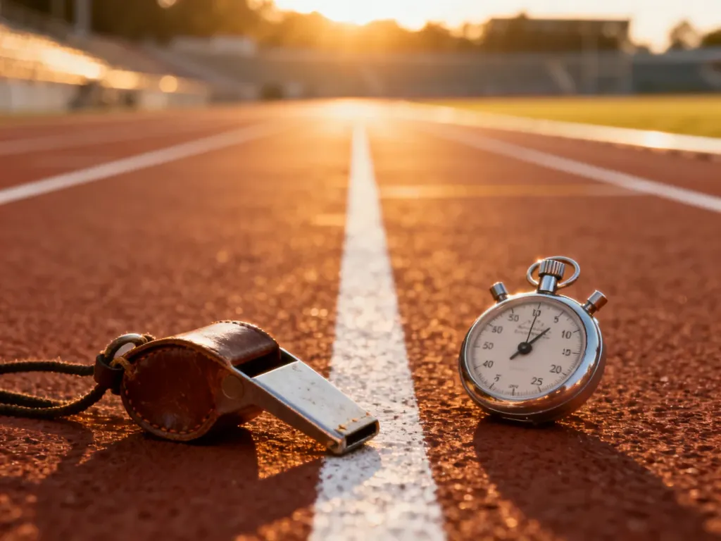 Stoper i gwizdek na bieżni lekkoatletycznej o wschodzie słońca, symbolizujące przygotowania do testu wytrzymałościowego.