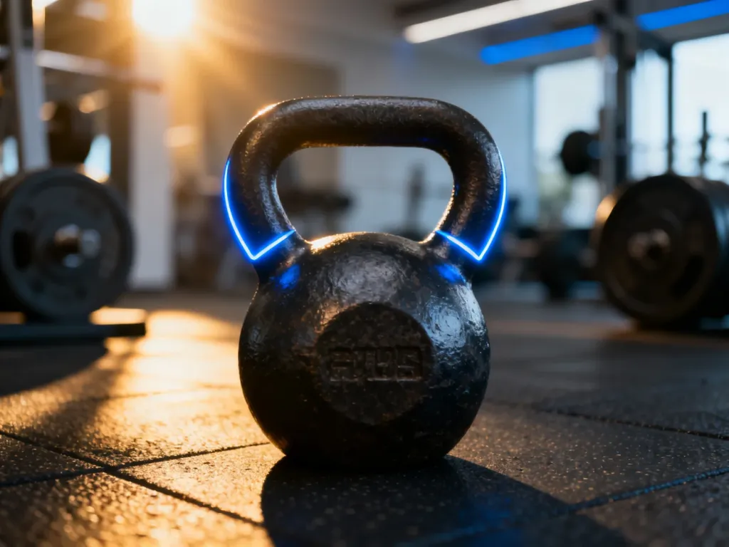 Żeliwny kettlebell na gumowej podłodze w profesjonalnym studiu fitness, gotowy do treningu swingów.