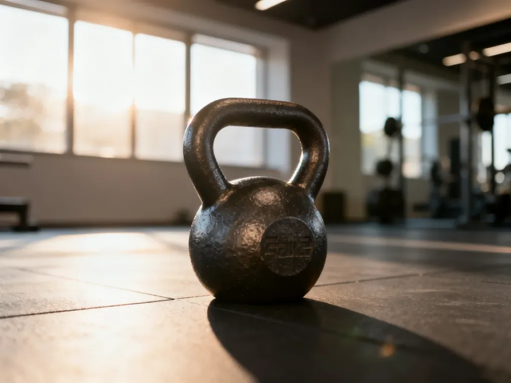 Żeliwny kettlebell na podłodze nowoczesnej siłowni w świetle poranka, gotowy do treningu siłowego.