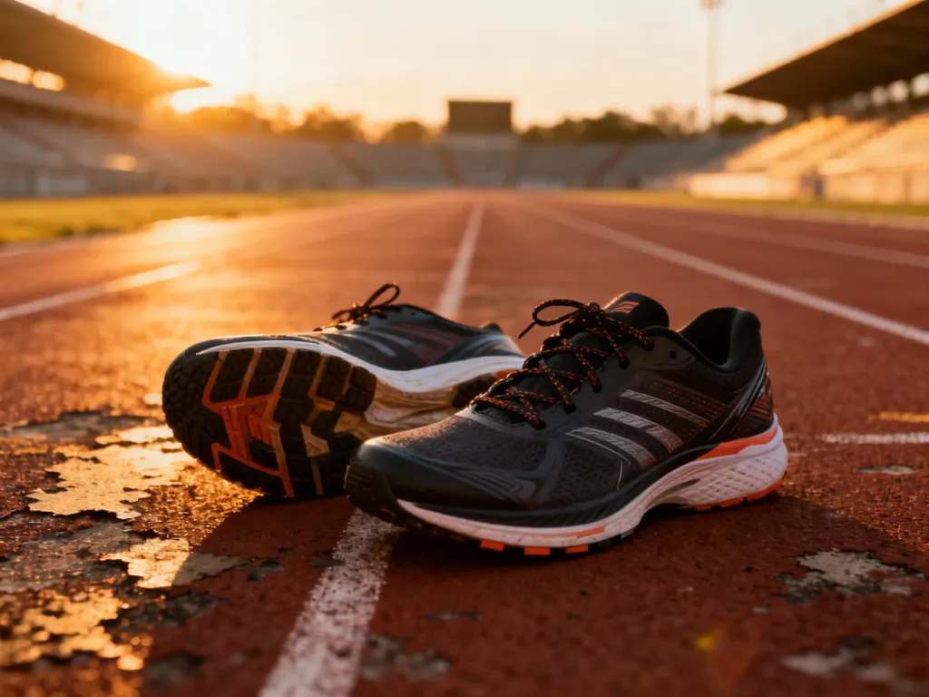 Profesjonalne buty do biegania na bieżni lekkoatletycznej o wschodzie słońca, symbolizujące przygotowanie do treningu.