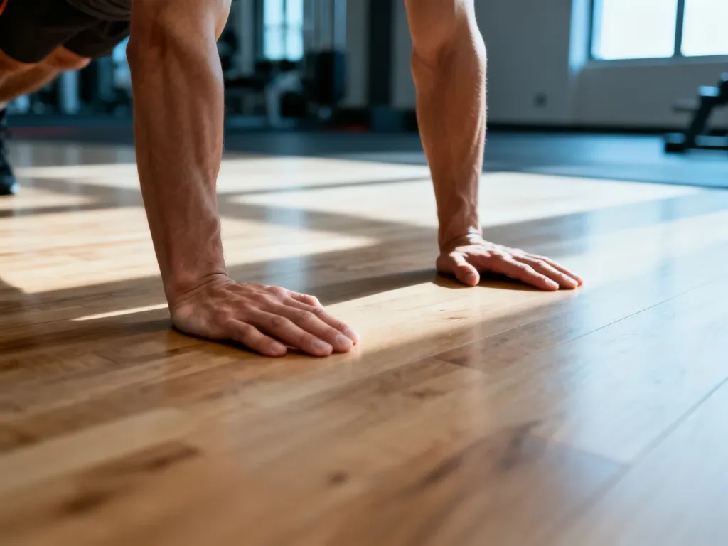 Zbliżenie na dłonie w prawidłowej pozycji do pompek na drewnianej podłodze w nowoczesnej sali fitness.