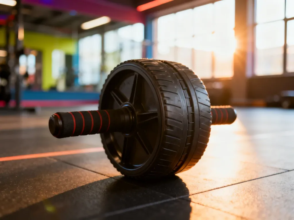 Rolka do ćwiczeń mięśni brzucha umieszczona na podłodze w nowoczesnej sali fitness.