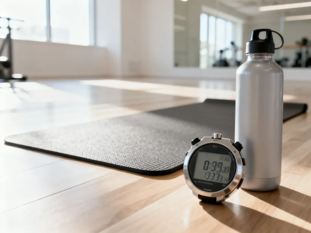 Mata do ćwiczeń, stoper i bidon na drewnianej podłodze w jasnym studiu fitness, przygotowane do treningu typu plank.