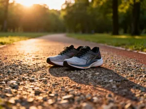 Profesjonalny zegarek sportowy i pulsometr na bieżni lekkoatletycznej o wschodzie słońca, symbolizujące trening biegowy.