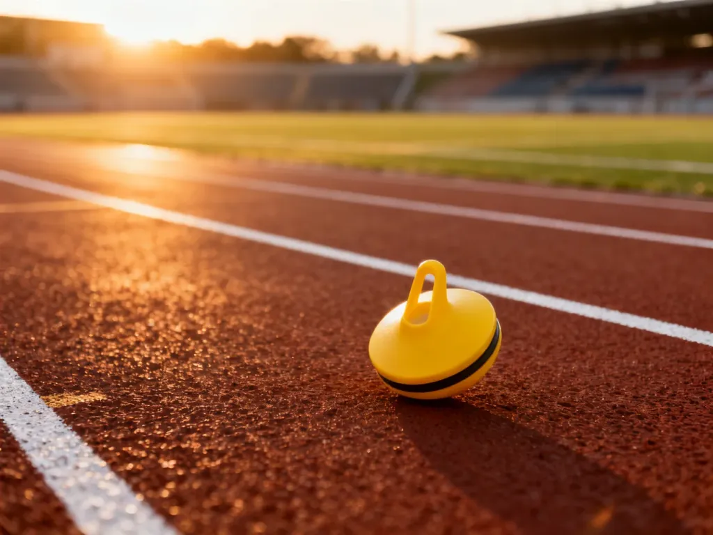 Żółty pachołek na bieżni lekkoatletycznej o wschodzie słońca, symbolizujący przygotowanie do testu wytrzymałościowego yo-yo.
