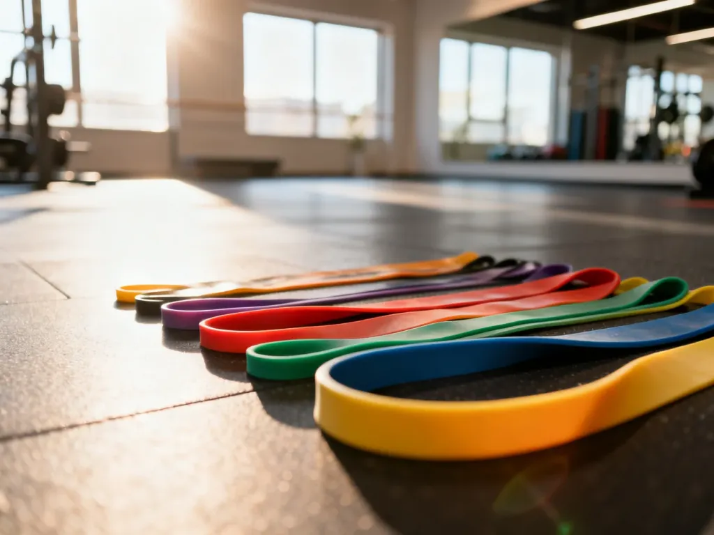 Kolorowe gumy oporowe ułożone na podłodze w nowoczesnej sali fitness, gotowe do treningu siłowego.