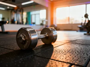Profesjonalne studio fitness z matą do jogi i drewnianym klockiem do ćwiczeń w słonecznym, minimalistycznym wnętrzu.