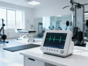 Panel sterowania bieżnią z ustawieniami treningu interwałowego w nowoczesnej siłowni.