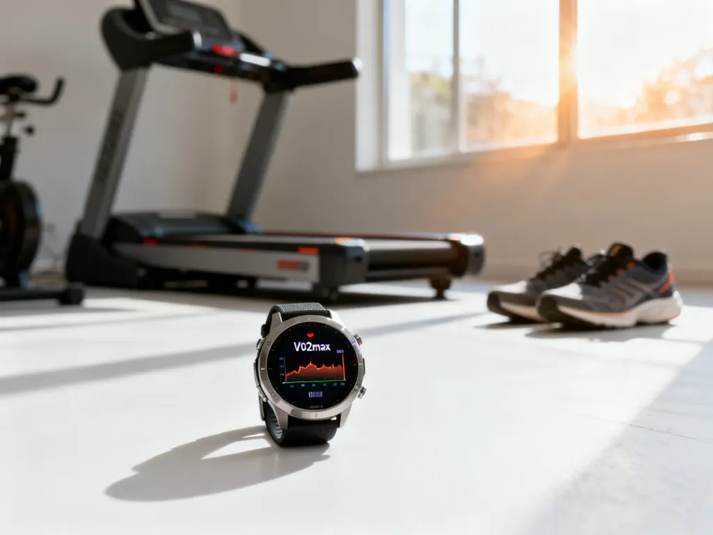 Nowoczesny zegarek sportowy z wyświetlonym wynikiem VO2max na tle bieżni, obrazujący monitorowanie wydolności organizmu.