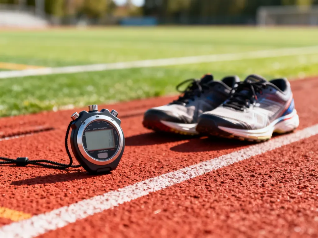 Profesjonalny stoper i buty do biegania na bieżni lekkoatletycznej, przygotowane do przeprowadzenia testu Coopera.