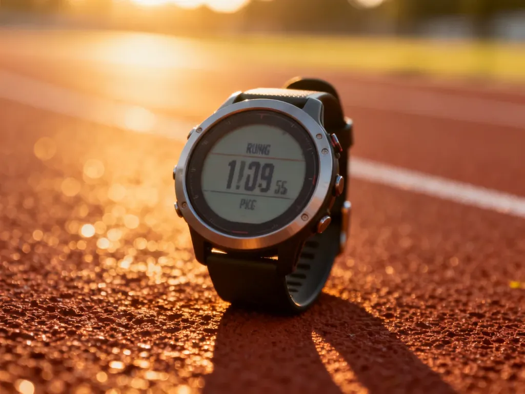Zegarek sportowy z wyświetlonym tempem biegu na tle bieżni w świetle zachodzącego słońca.