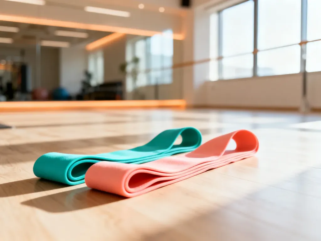 Kolorowe gumy oporowe ułożone na drewnianej podłodze w sali fitness, gotowe do treningu pośladków.
