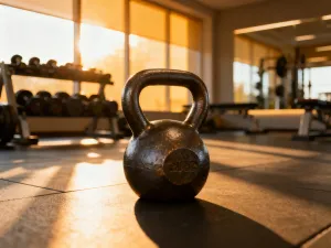 Zegarek sportowy z widocznym wykresem tętna i wydolności na tle bieżni w nowoczesnej siłowni.