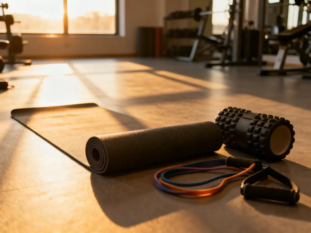 Mata do jogi, roller i taśma oporowa w nowoczesnym studio fitness, przygotowane do ćwiczeń rozciągających pasmo biodrowo-piszczelowe.