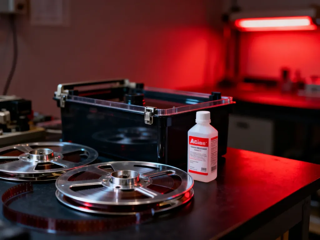 Kuweta do wywoływania filmu analogowego, szpule i odczynniki chemiczne w ciemni oświetlonej nastrojowym czerwonym światłem.