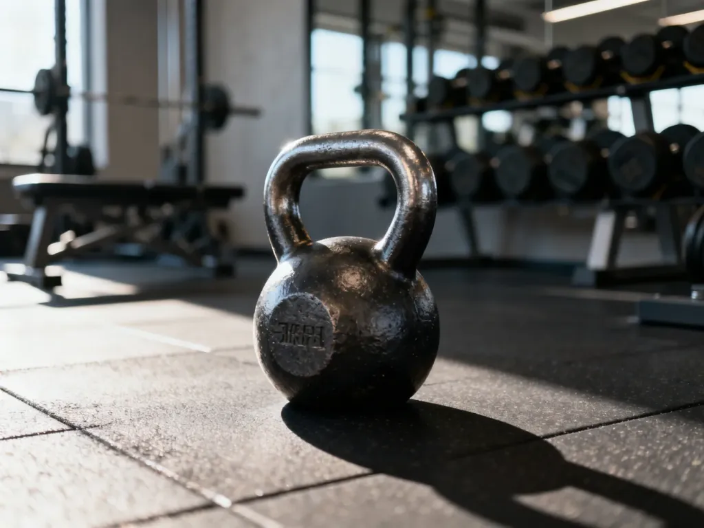 Żeliwny kettlebell na podłodze w nowoczesnej siłowni, gotowy do treningu siłowego.