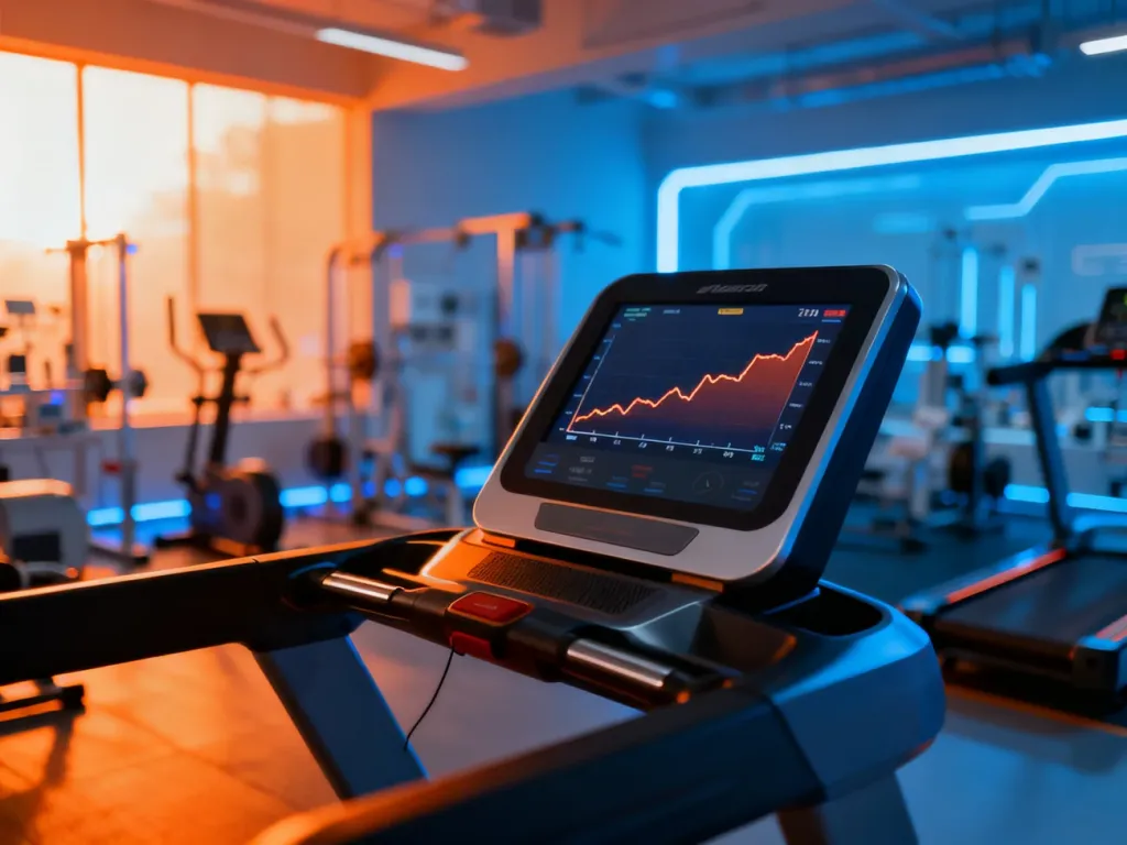 Monitor tętna na bieżni wyświetlający wykres wysiłku w profesjonalnym laboratorium sportowym.