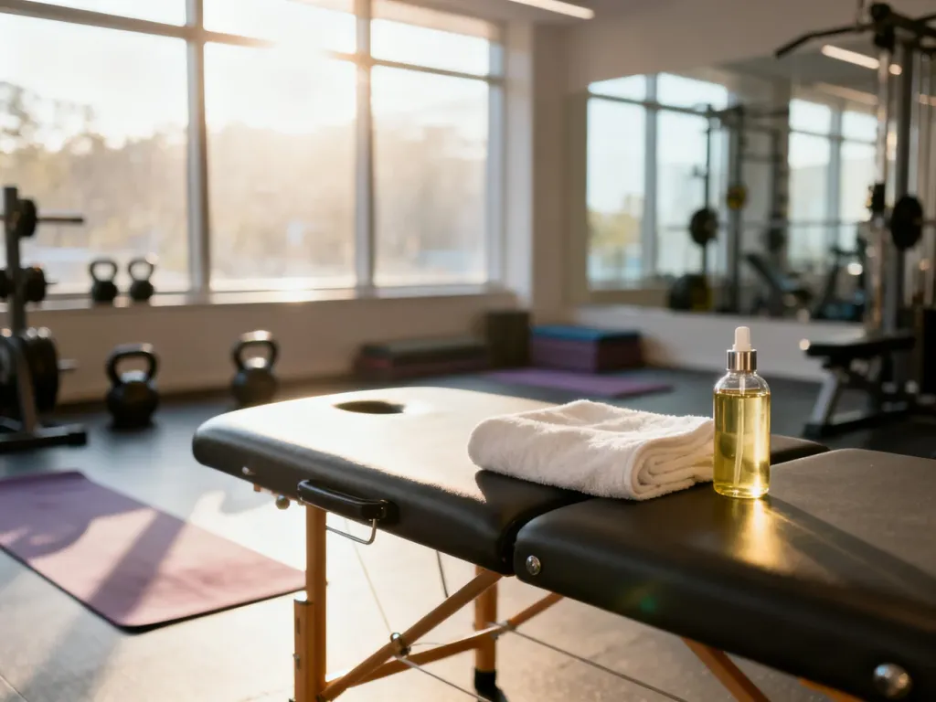 Profesjonalny stół do masażu w nowoczesnym studiu fitness, przygotowany do zabiegu regeneracyjnego po treningu.